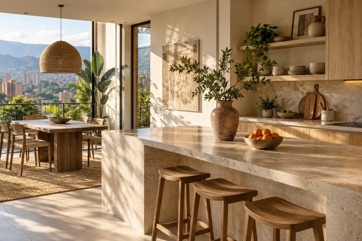 Inspiración de hogar: cocina cálida con materiales naturales y luz de la mañana
